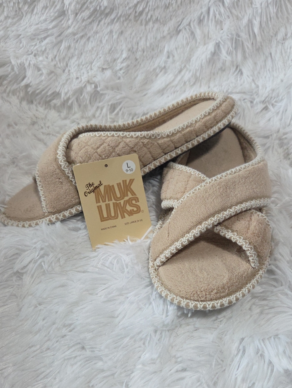 Muk Luks Taupe Cross-Band Slide Slippers with Decorative Trim Size 9-10 New!